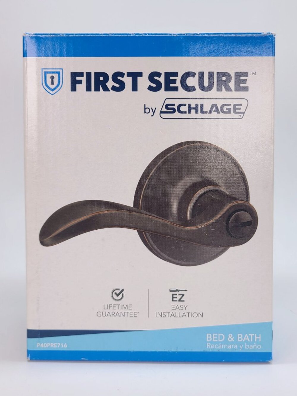 First Secure by Schlage Presley Aged Bronze Door Locking Handle Bedroom Bath